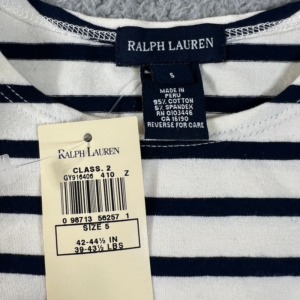 Ralph Lauren Striped T-Shirt Girls Size 5 Navy White Pink Pony Lettuce Trim NWT - Picture 6 of 9